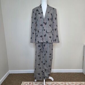 Driftwood Grey Glen Plaid Floral Embroidered Blazer and Wide Leg Pant Suit XS